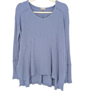 Mod-o-doc Waffle Knit Top S Blue V-Neck Raw Hem High-Low Boho Coastal Lounge